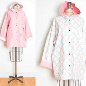 vintage 80s raincoat pink white plaid vinyl reversible slicker jacket coat XXXL
